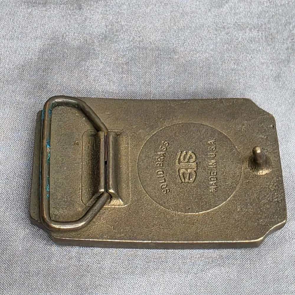 Belt Buckle Vintage Solid Brass Leather‎ Mountain Lake Scenic BTS Made in USA